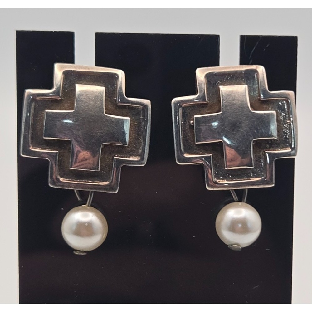 925 Sterling Silver Geometric Cross Faux Pearl Drop Earrings Statement Boho